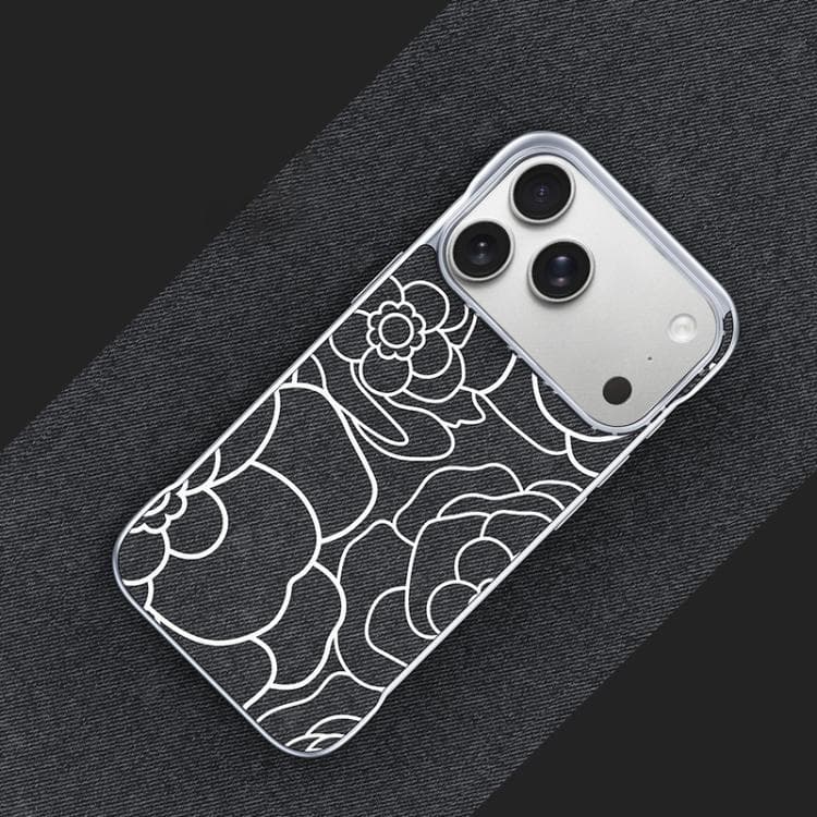 For iPhone 17 Pro Max Embossed Camellia Flower Linen Fabric Magnetic Half Coverage Phone Case(Black) - Immagine 1