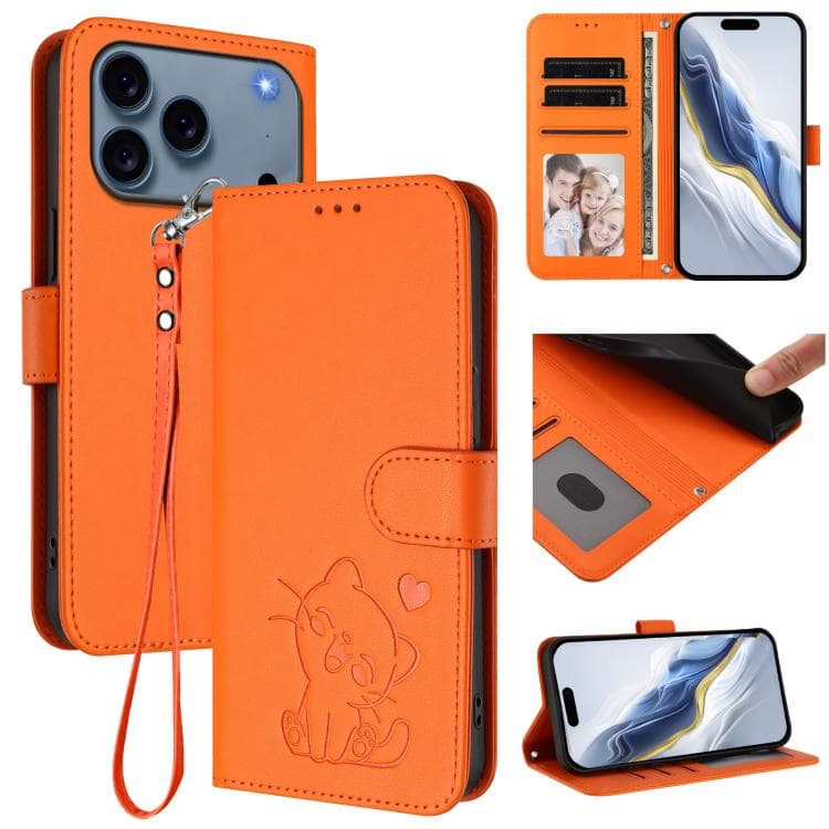 For iPhone 17 Pro Max Embossed Heart Cat Leather Phone Case with Hand Strap(Orange) - Immagine 1