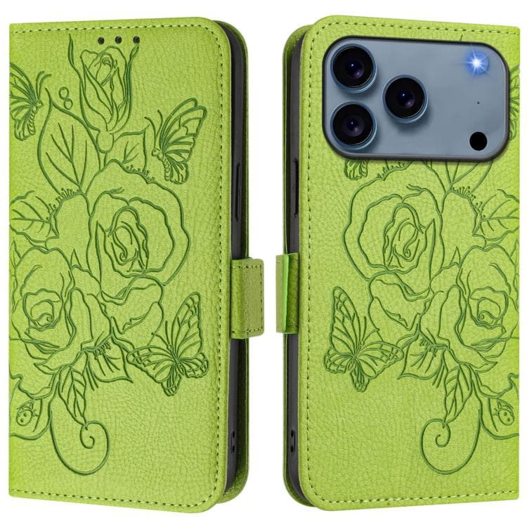 For iPhone 17 Pro Max Embossed Rose RFID Anti-theft Leather Phone Case(Green) - Immagine 1