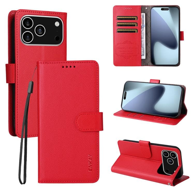 For iPhone 17 Pro Max ENKAY RFID Blocking Wallet Kickstand Litchi Texture Leather Phone Case(Red) - Immagine 1