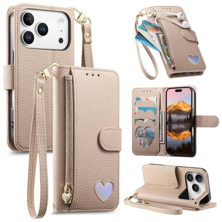 For iPhone 17 Pro Max Fantasy Love Heart Zipper Wallet Vegan Leather Phone Case with Strap(Beige) - Immagine 1