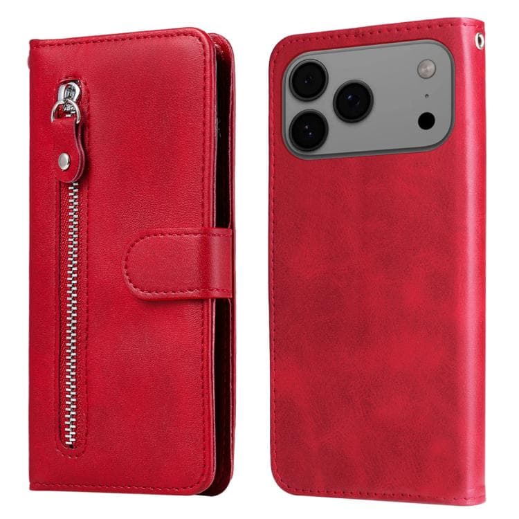 Custodia in pelle con texture vitello e cerniera per iPhone 17 Pro Max (Rosso) - Immagine 1