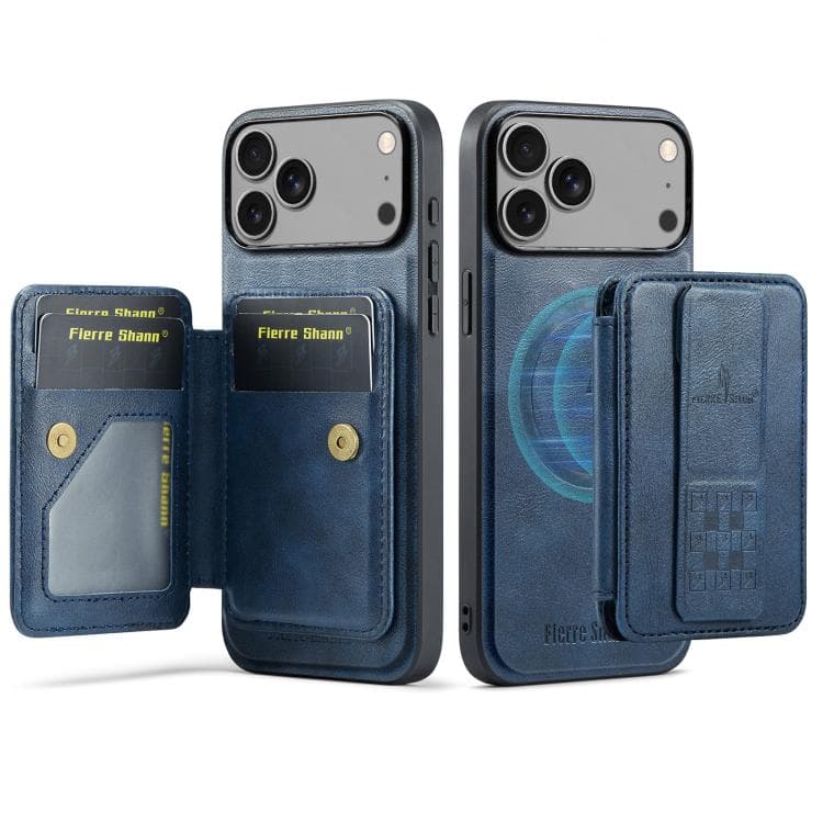 For iPhone 17 Pro Max Fierre Shann Oil Wax Cow Leather Card Holder Back Phone Case(Blue) - Immagine 1