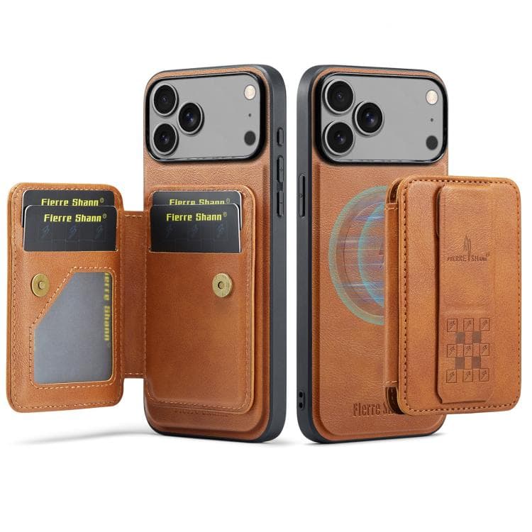 For iPhone 17 Pro Max Fierre Shann Oil Wax Cow Leather Card Holder Back Phone Case(Brown) - Immagine 1