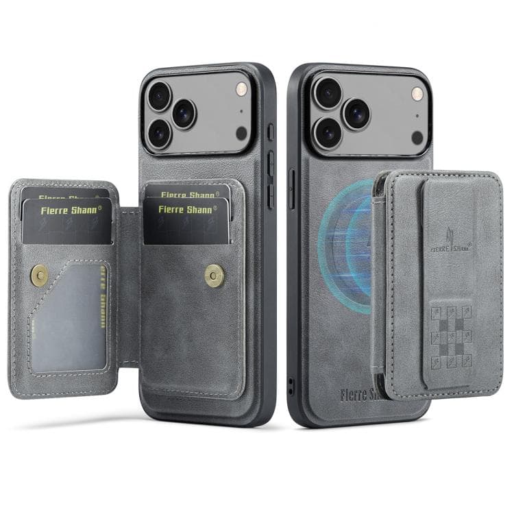 For iPhone 17 Pro Max Fierre Shann Oil Wax Cow Leather Card Holder Back Phone Case(Grey) - Immagine 1