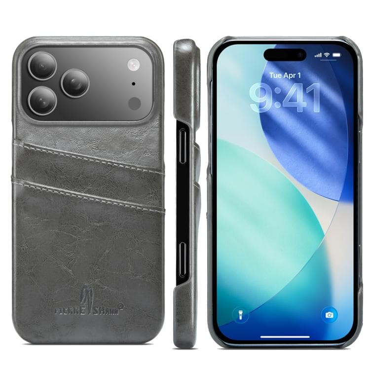 For iPhone 17 Pro Max Fierre Shann Retro Oil Wax Texture Card Slots PU Leather Phone Case(Grey) - Immagine 1