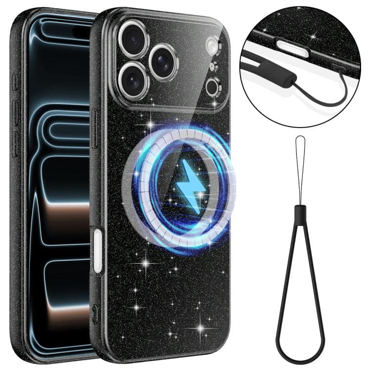 Custodia per iPhone 17 Pro Max in TPU magnetico glitterato con foro fine e cinturino dello stesso colore (Nero) - Immagine 1