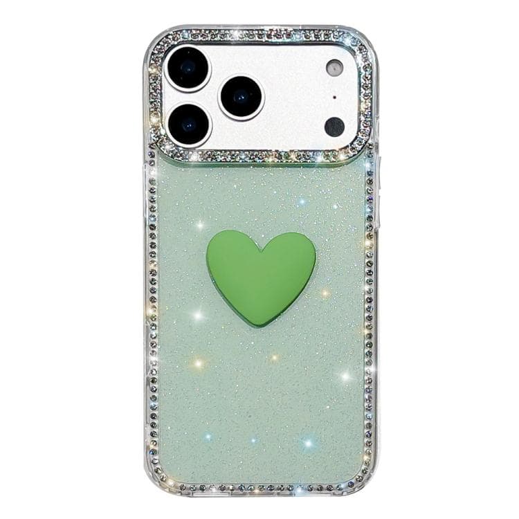 For iPhone 17 Pro Max Flash Rhinestone Double-sided IMD Love Heart Phone Case(Glitter Green) - Immagine 1