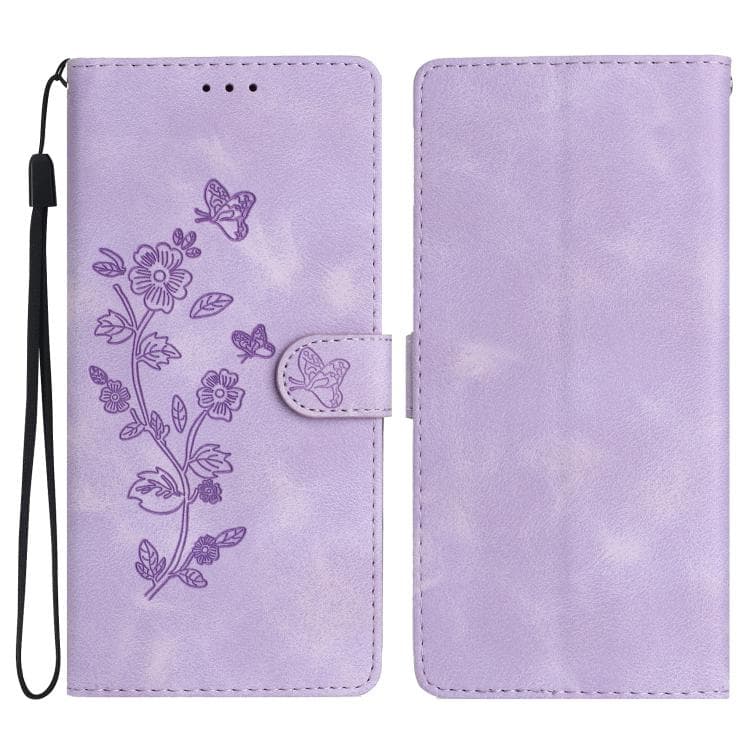 For iPhone 17 Pro Max Flower Butterfly Embossing Pattern Leather Phone Case(Purple)