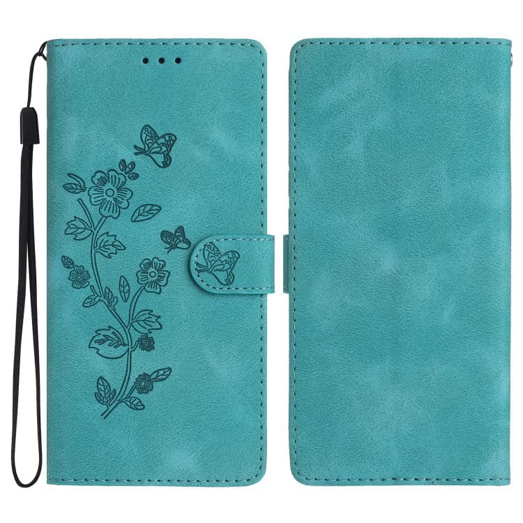 For iPhone 17 Pro Max Flower Butterfly Embossing Pattern Leather Phone Case(Sky Blue)