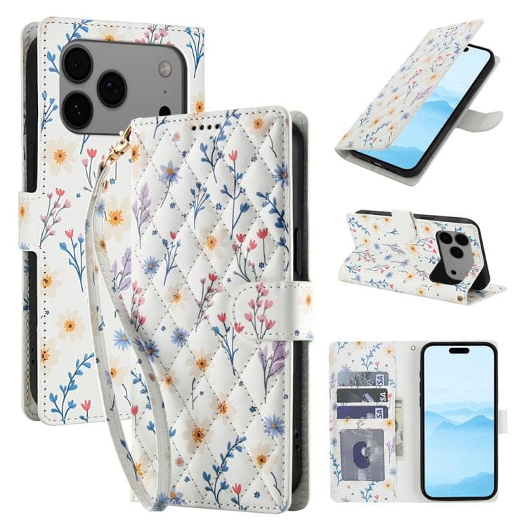 For iPhone 17 Pro Max Flower Pattern Buckle Leather Phone Case with Lanyard(Blue Flowers) - Immagine 1