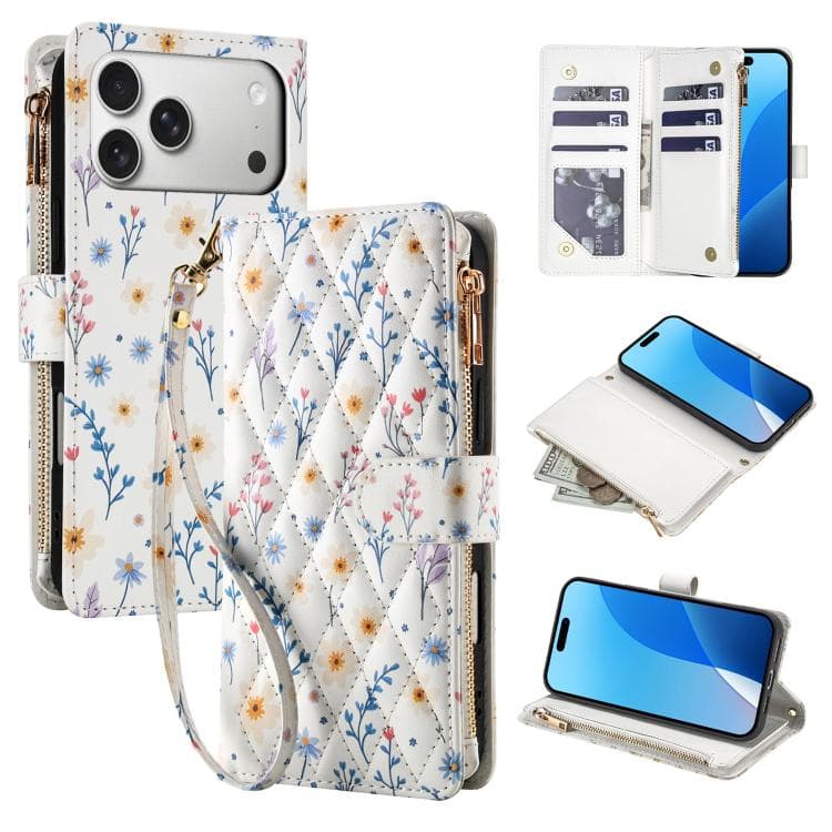 For iPhone 17 Pro Max Flower Pattern Zipper Wallet Vegan Leather Phone Case with Lanyard(Blue Flowers) - Immagine 1