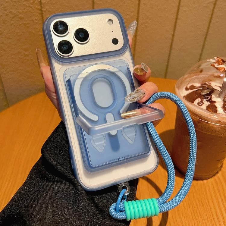 For iPhone 17 Pro Max Frosted Detachable Card Slot Holder Magnetic Phone Case with Wrist Strap(Blue) - Immagine 1