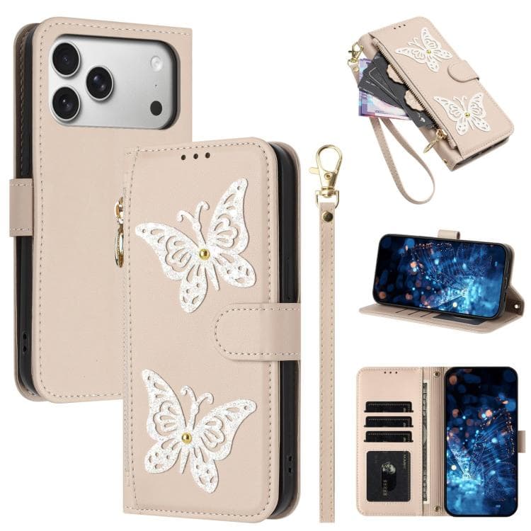 For iPhone 17 Pro Max Glitter Butterfly Zipper Vegan Leather Phone Case with Wrist Strap(Apricot) - Immagine 1