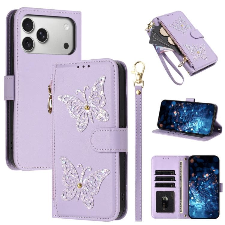For iPhone 17 Pro Max Glitter Butterfly Zipper Vegan Leather Phone Case with Wrist Strap(Purple) - Immagine 1
