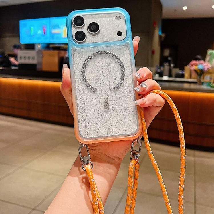 For iPhone 17 Pro Max Gradient Transparent Glitter Magnetic Phone Case with Long Lanyard(Blue Orange) - Immagine 1