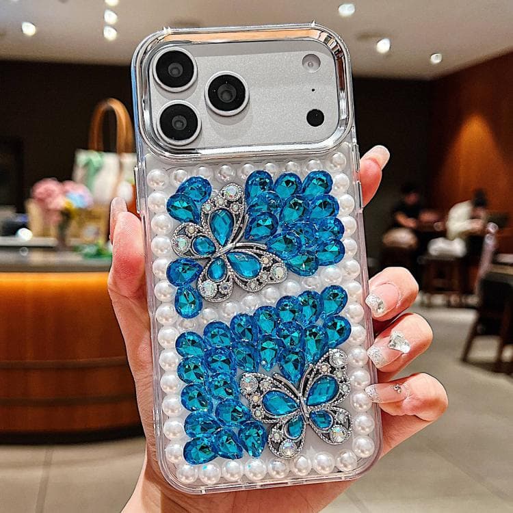 For iPhone 17 Pro Max Handmade Pearl Dual Butterfly Rhinestone Acrylic Phone Case(Blue) - Immagine 1