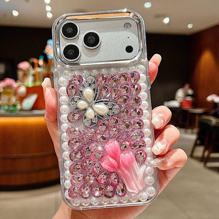 For iPhone 17 Pro Max Handmade Pearl Rhinestone Butterfly Acrylic Phone Case(Pink) - Immagine 1