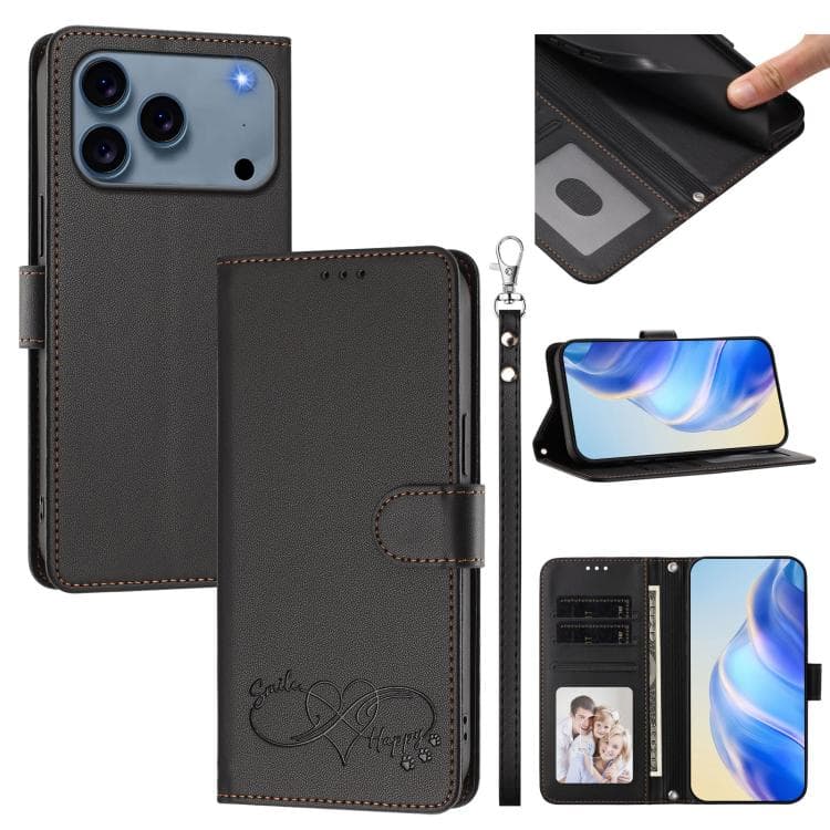 For iPhone 17 Pro Max Happy Heart Pattern Magnetic Closure Vegan Leather Phone Case with Wrist Strap(Black) - Immagine 1