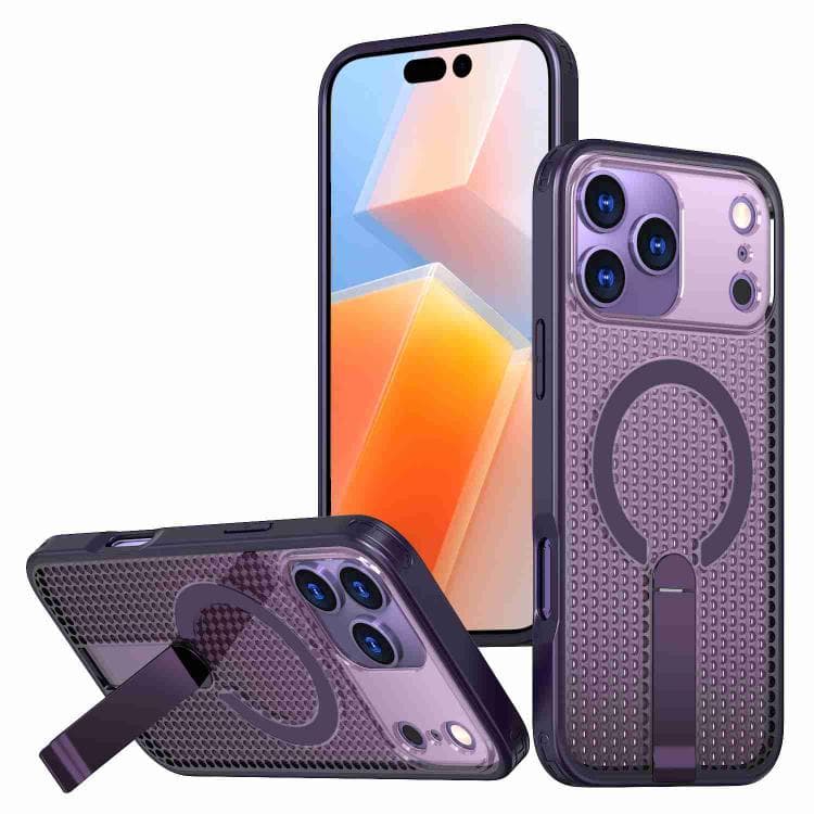 For iPhone 17 Pro Max Honeycomb Cooling MagSafe Holder Phone Case(Purple) - Immagine 1