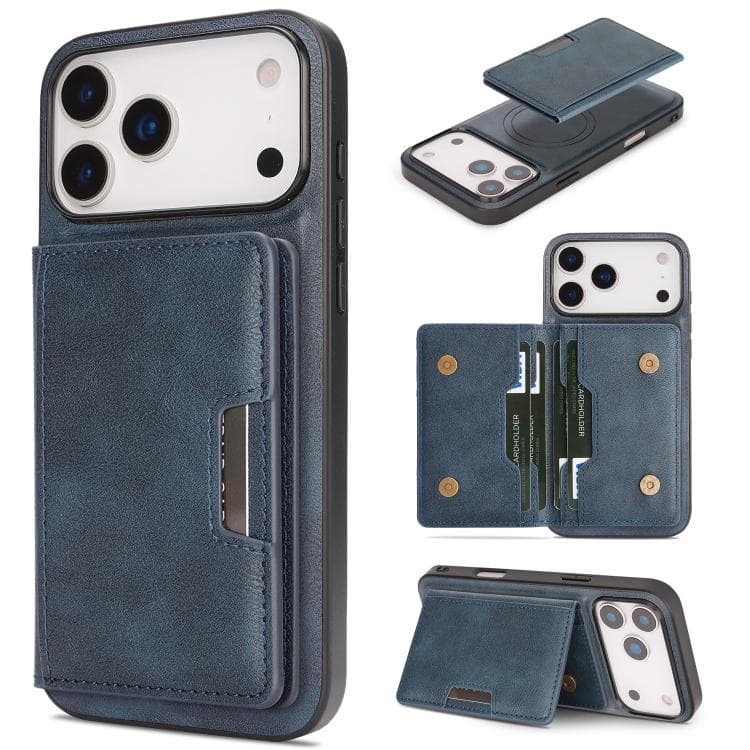 For iPhone 17 Pro Max Kalebol Strong MagSafe Magnetic Two-Fold Card Bag Leather Phone Case(Blue) - Immagine 1