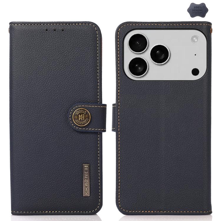For iPhone 17 Pro Max KHAZNEH Custer Genuine Leather RFID Phone Case(Blue) - Immagine 1