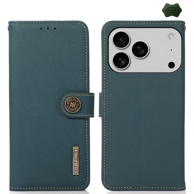 For iPhone 17 Pro Max KHAZNEH Custer Genuine Leather RFID Phone Case(Green) - Immagine 1