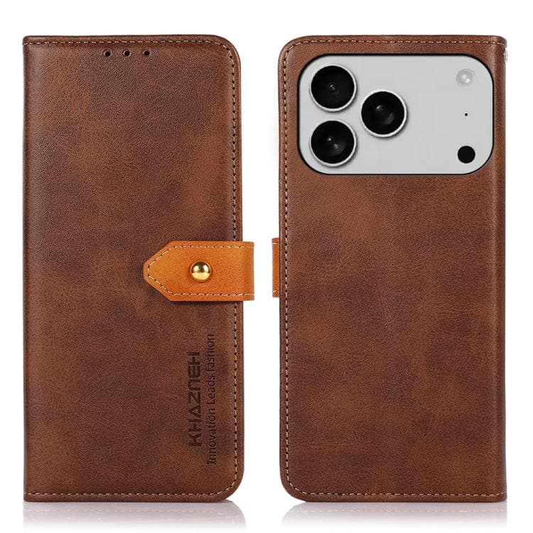 For iPhone 17 Pro Max KHAZNEH Dual-color Cowhide Texture Flip Leather Phone Case(Brown)