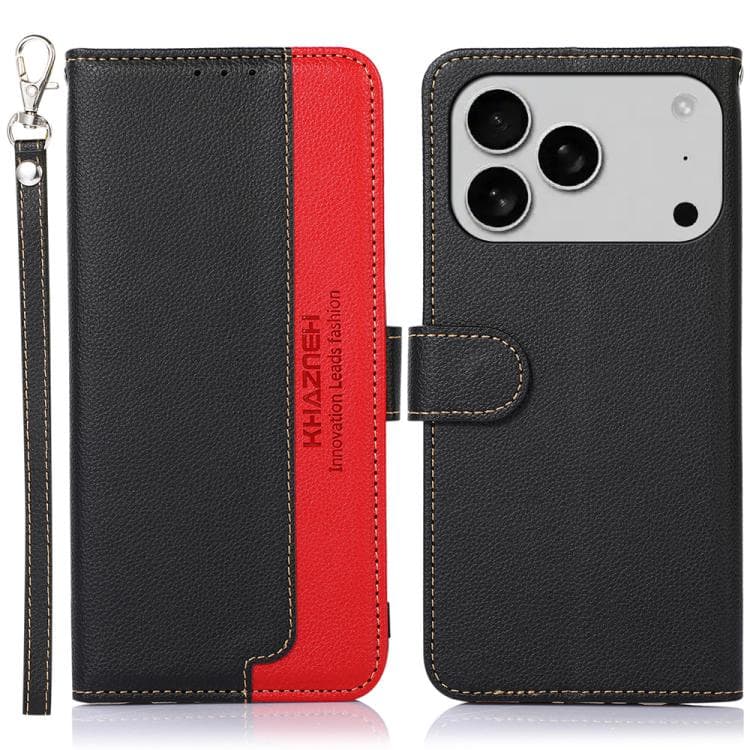 Custodia in pelle con texture litchi KHAZNEH per iPhone 17 Pro Max con protezione RFID (Nero) - Immagine 1
