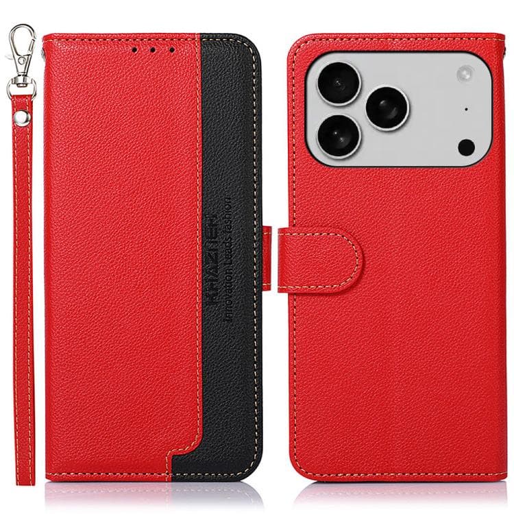 Custodia in pelle con texture litchi KHAZNEH per iPhone 17 Pro Max con protezione RFID (Rosso) - Immagine 1