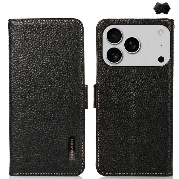 For iPhone 17 Pro Max KHAZNEH Side-Magnetic Litchi Genuine Leather RFID Case(Black) - Immagine 1