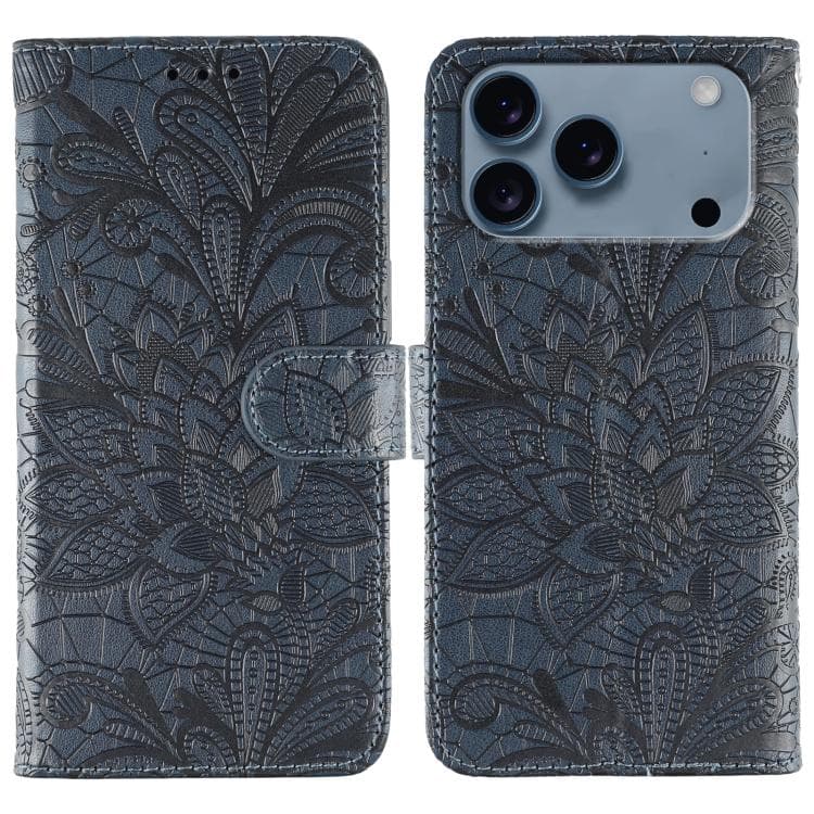 For iPhone 17 Pro Max Lace Flower Embossing Flip Leather Phone Case(Dark Blue) - Immagine 1