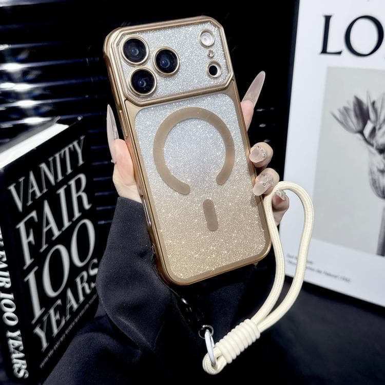 For iPhone 17 Pro Max Large Window Glitter Gradient Matte Electroplated TPU MagSafe Phone Case with Hand Strap(Gold) - Immagine 1
