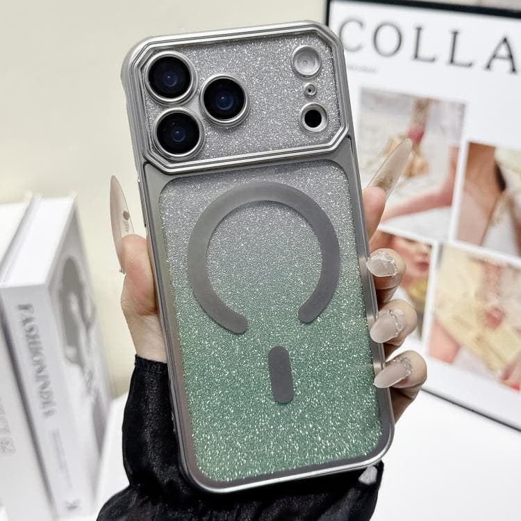 For iPhone 17 Pro Max Large Window Glitter Gradient Matte Electroplated TPU MagSafe Phone Case(Silver) - Immagine 1