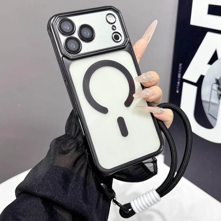 For iPhone 17 Pro Max Large Window Matte Electroplated TPU MagSafe Phone Case with Hand Strap(Black) - Immagine 1