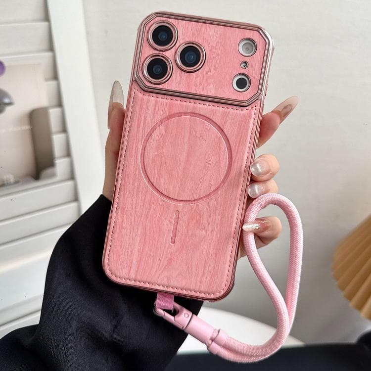 For iPhone 17 Pro Max Large Window TPU Electroplated Wood Grain PU MagSafe Phone Case with Lens Film & Strap(Pink) - Immagine 1