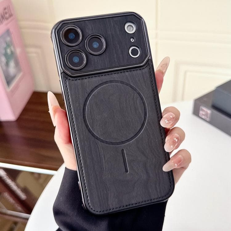 For iPhone 17 Pro Max Large Window TPU Electroplated Wood Grain PU MagSafe Phone Case with Lens Film(Black) - Immagine 1