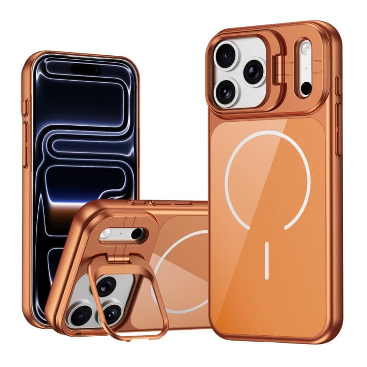 For iPhone 17 Pro Max Lens Frame Stand Glass Thin Circle Magnetic Phone Case(Orange) - Immagine 1