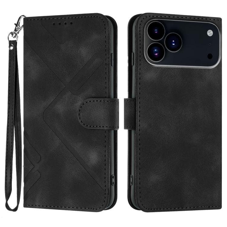 For iPhone 17 Pro Max Line Pattern Skin Feel Leather Phone Case(Black)