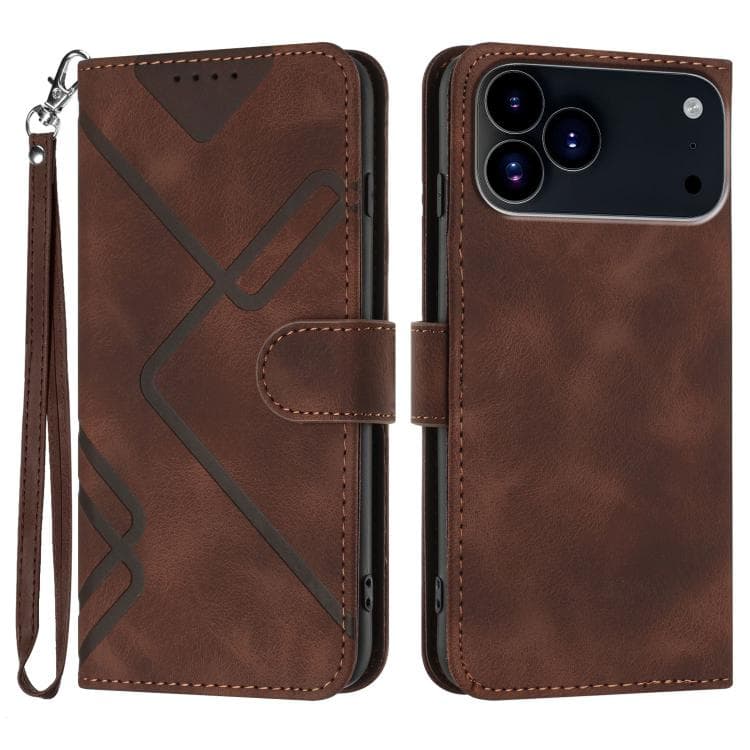 For iPhone 17 Pro Max Line Pattern Skin Feel Leather Phone Case(Coffee)