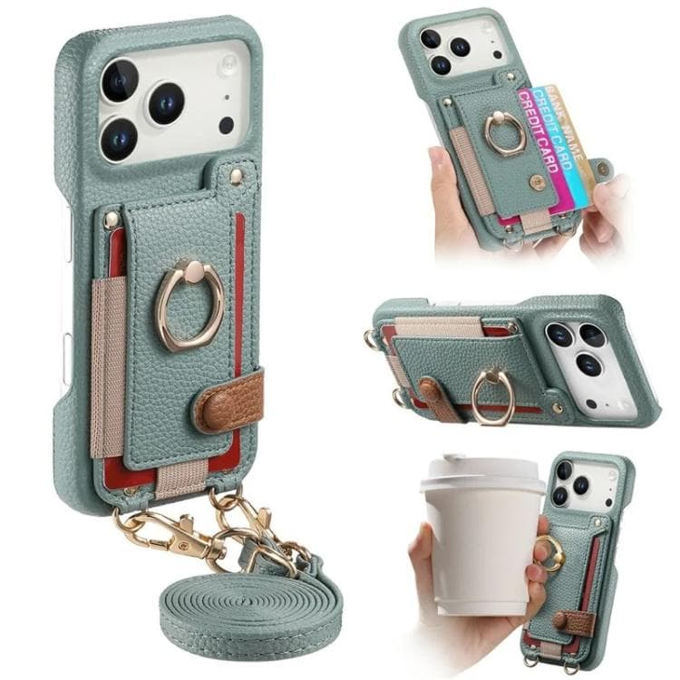 For iPhone 17 Pro Max Litchi Texture Card Bag Ring Holder Vegan Leather + PC Phone Case with Shoulder Strap(Blue) - Immagine 1