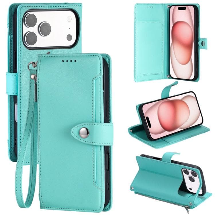 For iPhone 17 Pro Max Litchi Texture Zipper Wallet Buckle Vegan Leather Phone Case with Wrist Strap(Lake Blue) - Immagine 1