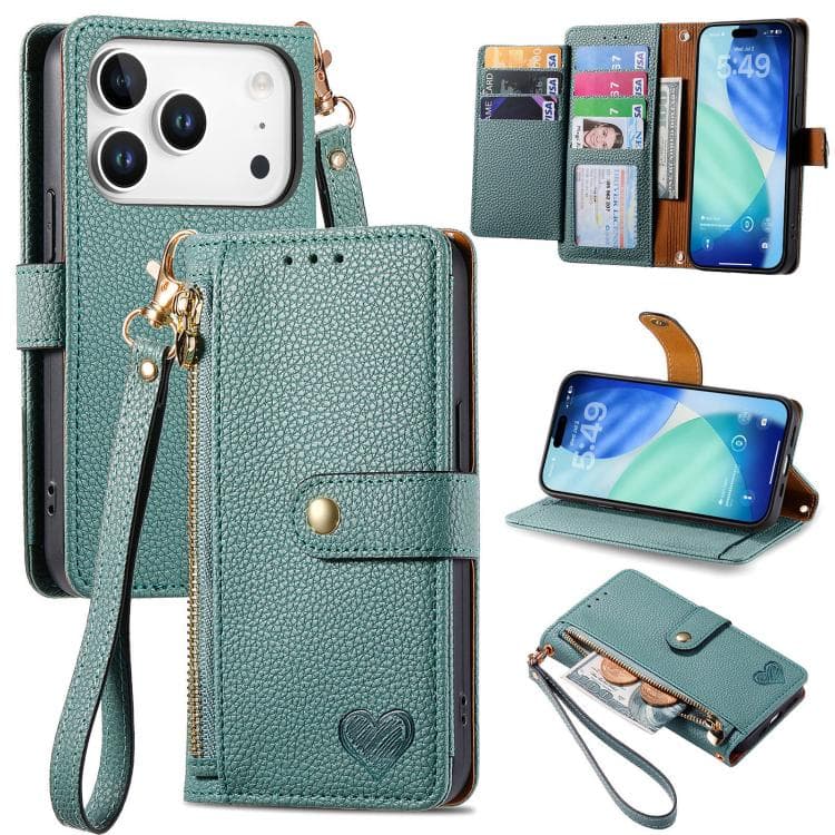 For iPhone 17 Pro Max Love Zipper Lanyard Leather Phone Case(Green) - Immagine 1