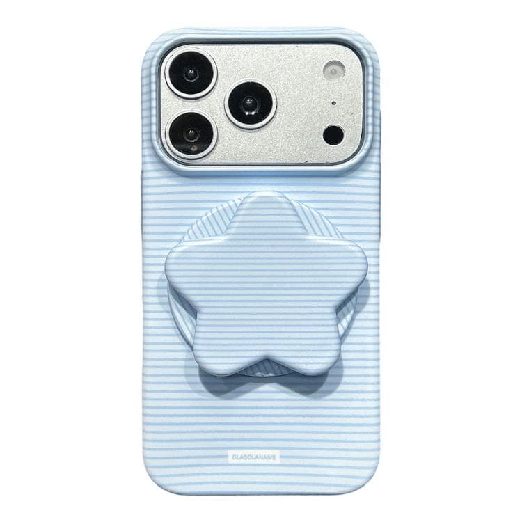 For iPhone 17 Pro Max Macaron Striped Full Coverage PC Phone Case with Star Holder(Blue) - Immagine 1