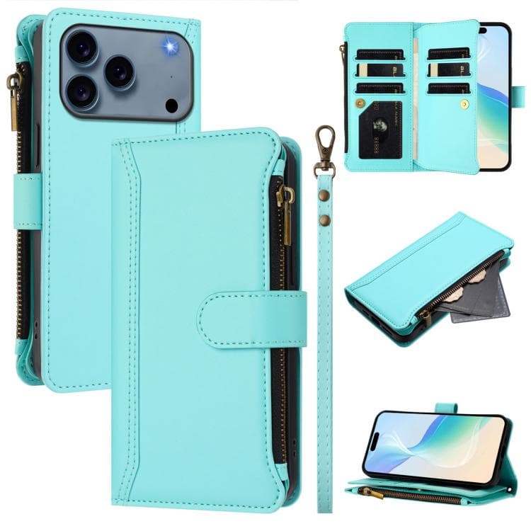 For iPhone 17 Pro Max Magnetic Closure 9 Card Slots Zipper Leather Case with Hand Strap(Mint Green) - Immagine 1
