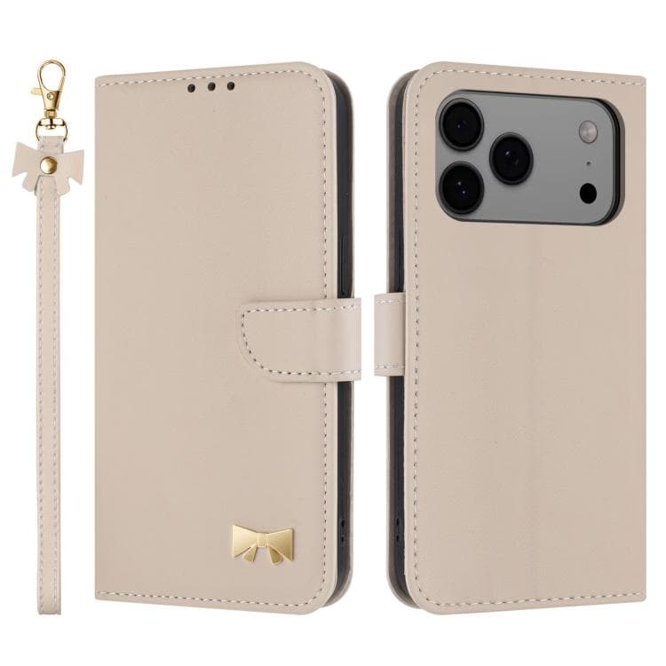 For iPhone 17 Pro Max Metal Bow Leather Phone Case with Hand Strap(Apricot) - Immagine 1