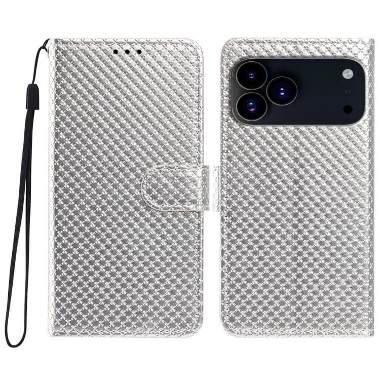 For iPhone 17 Pro Max Mirrored Buckle Vegan Leather Phone Case with Small Black Cord(Silver) - Immagine 1