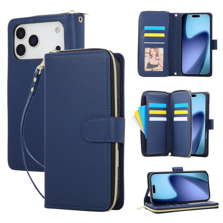 For iPhone 17 Pro Max Nine-card Slots Zipper Wallet Bag Leather Phone Case(Blue) - Immagine 1