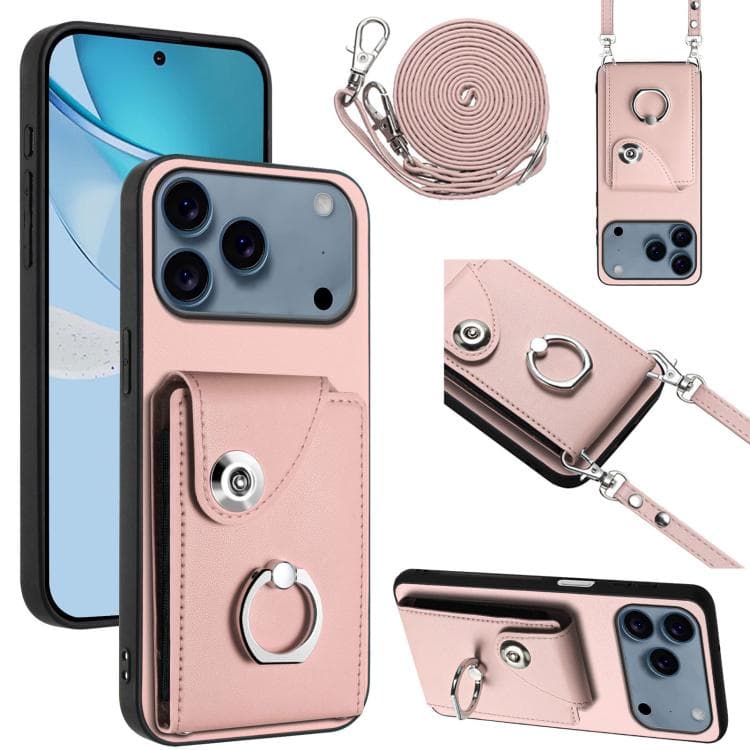 For iPhone 17 Pro Max Organ Card Bag Ring Holder Phone Case with Long Lanyard(Pink) - Immagine 1