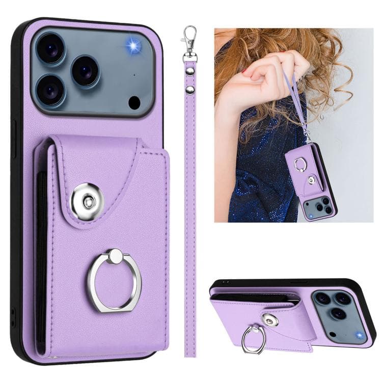 For iPhone 17 Pro Max Organ Card Bag Ring Holder PU Phone Case with Lanyard(Purple) - Immagine 1